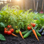 Zdjęcie działowego ogrodu z dojrzałymi warzywami i zielonymi liśćmi oświetlonymi promieniami słońca