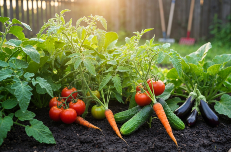 Zdjęcie działowego ogrodu z dojrzałymi warzywami i zielonymi liśćmi oświetlonymi promieniami słońca