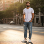 Mężczyzna w jasnych jeansach boyfriend i białych trampkach stoi na ulicy miasta oświetlony złotym światłem.