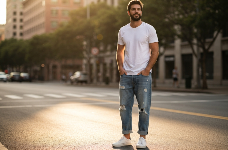 Mężczyzna w jasnych jeansach boyfriend i białych trampkach stoi na ulicy miasta oświetlony złotym światłem.