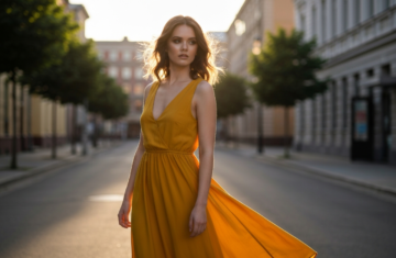 Młoda kobieta w żółtej sukience stoi na słonecznej ulicy, włosy lekko rozchylone, naturalny makijaż.