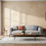 Nowoczesny salon z teksturowaną ścianą, naturalnym światłem, minimalistycznym meblami i dekoracjami.