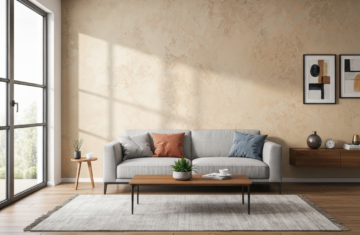 Nowoczesny salon z teksturowaną ścianą, naturalnym światłem, minimalistycznym meblami i dekoracjami.