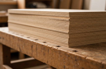 Stos paneli HDF ułożonych na drewnianym blacie w warsztacie, widoczna faktura drewna i naturalne światło