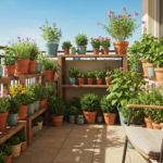 Balkon z roślinami w doniczkach na drewnianych półkach i fotelem pod naturalnym światłem