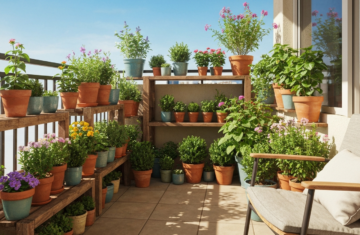 Balkon z roślinami w doniczkach na drewnianych półkach i fotelem pod naturalnym światłem