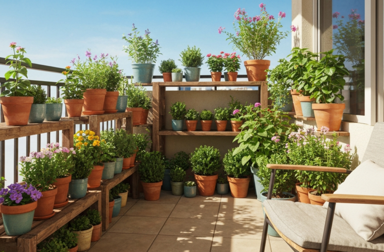 Balkon z roślinami w doniczkach na drewnianych półkach i fotelem pod naturalnym światłem
