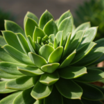 Zbliżenie rośliny amfora z grubymi liśćmi w rozetę, naturalne światło, szczegółowa struktura, rozmyte tło