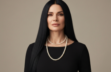 Elegancka kobieta w małej czarnej sukience i perłowym naszyjniku w ciepłym, naturalnym świetle